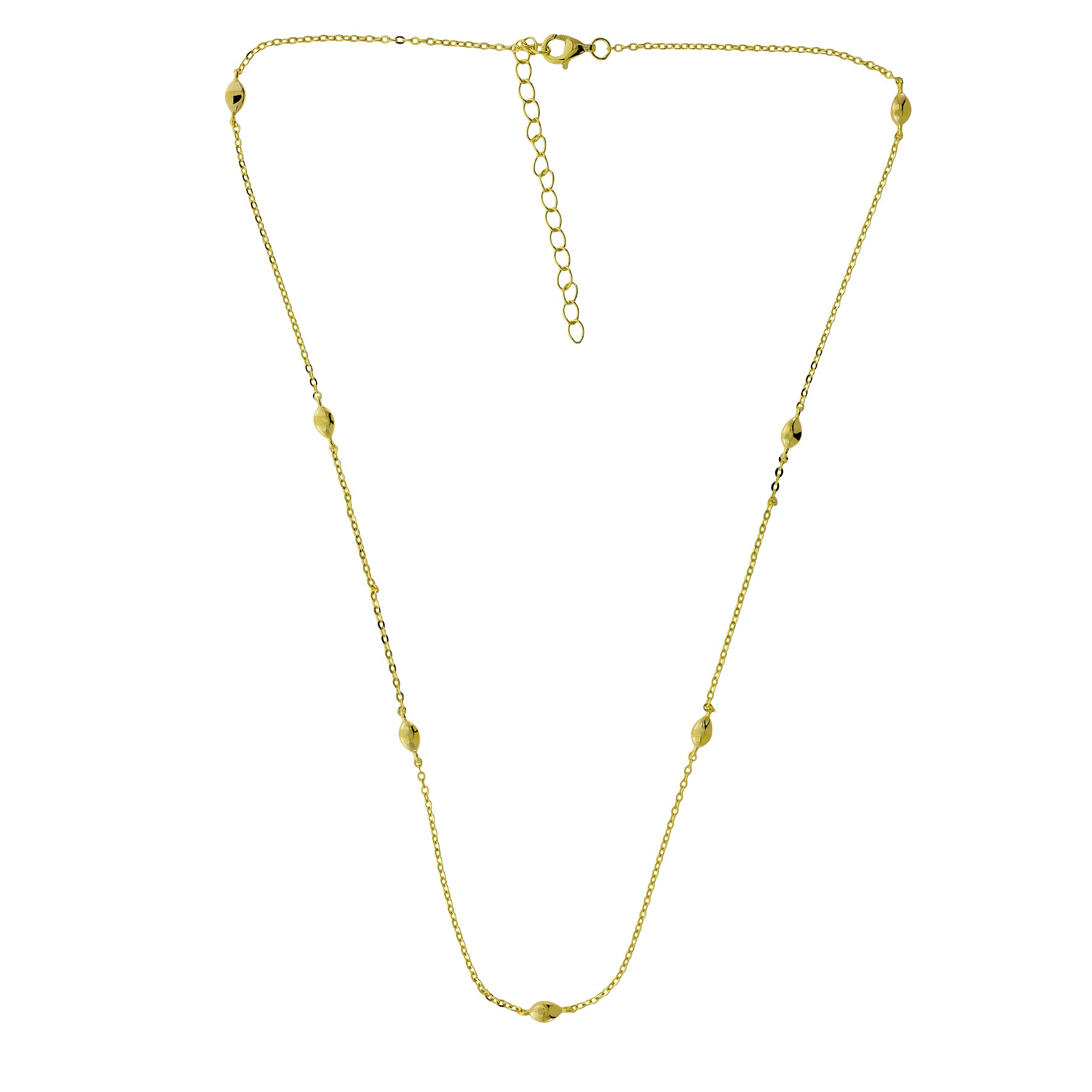 Delicate gold vermeil necklace featuring scattered polished raindrop-shaped beads along a fine chain with an adjustable extension, combining simplicity with sculptural elegance.