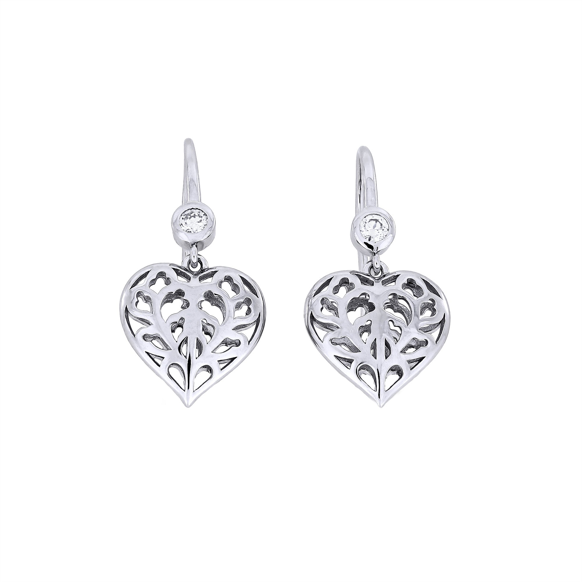 Pair of Lab grown diamond and sterling silver drop earrings featuring delicate, sculptural hanging hearts with intricate cut-out detailing, designed for elegant everyday wear.