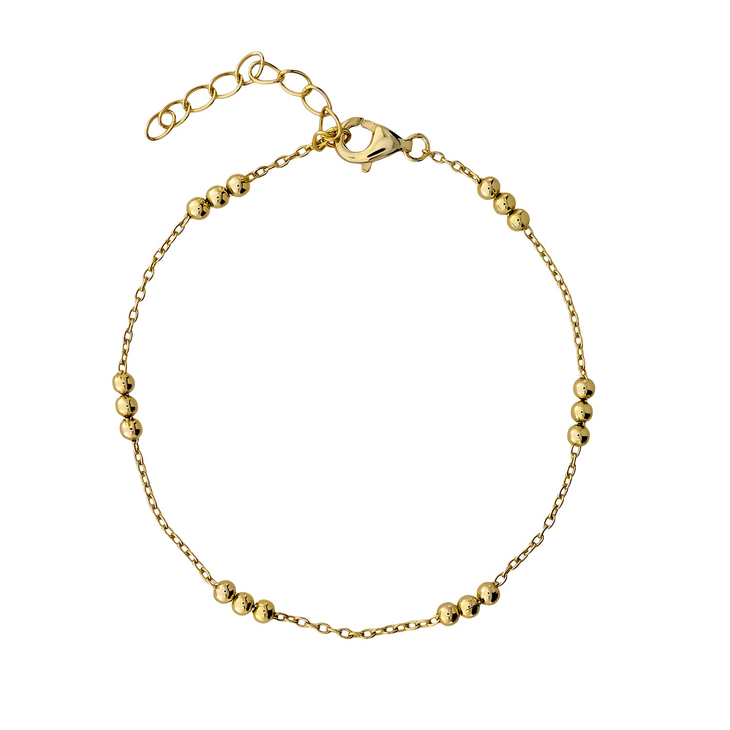 Delicate gold vermeil chain bracelet featuring three groups of polished beads spaced evenly along the fine link chain with an adjustable extension for versatile wear.