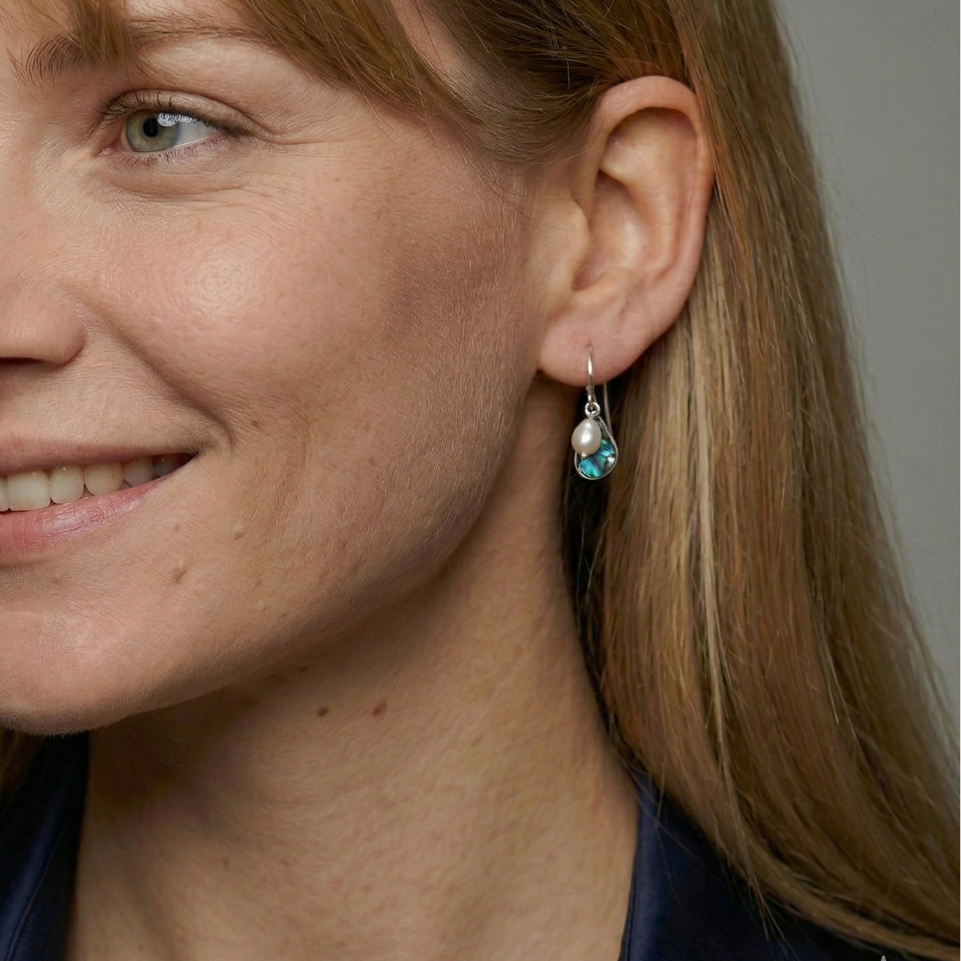 Sterling Silver, Baroque Pearl & Abalone Drop Earrings