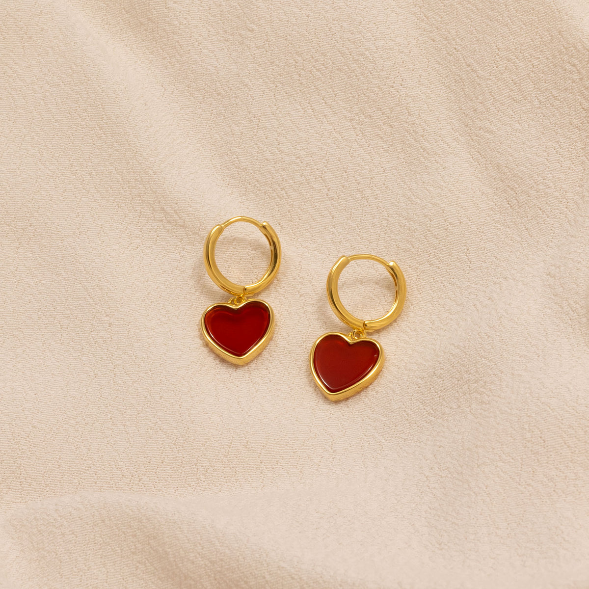 Gold Vermeil & Red Agate Heart Charm Hoop Earrings