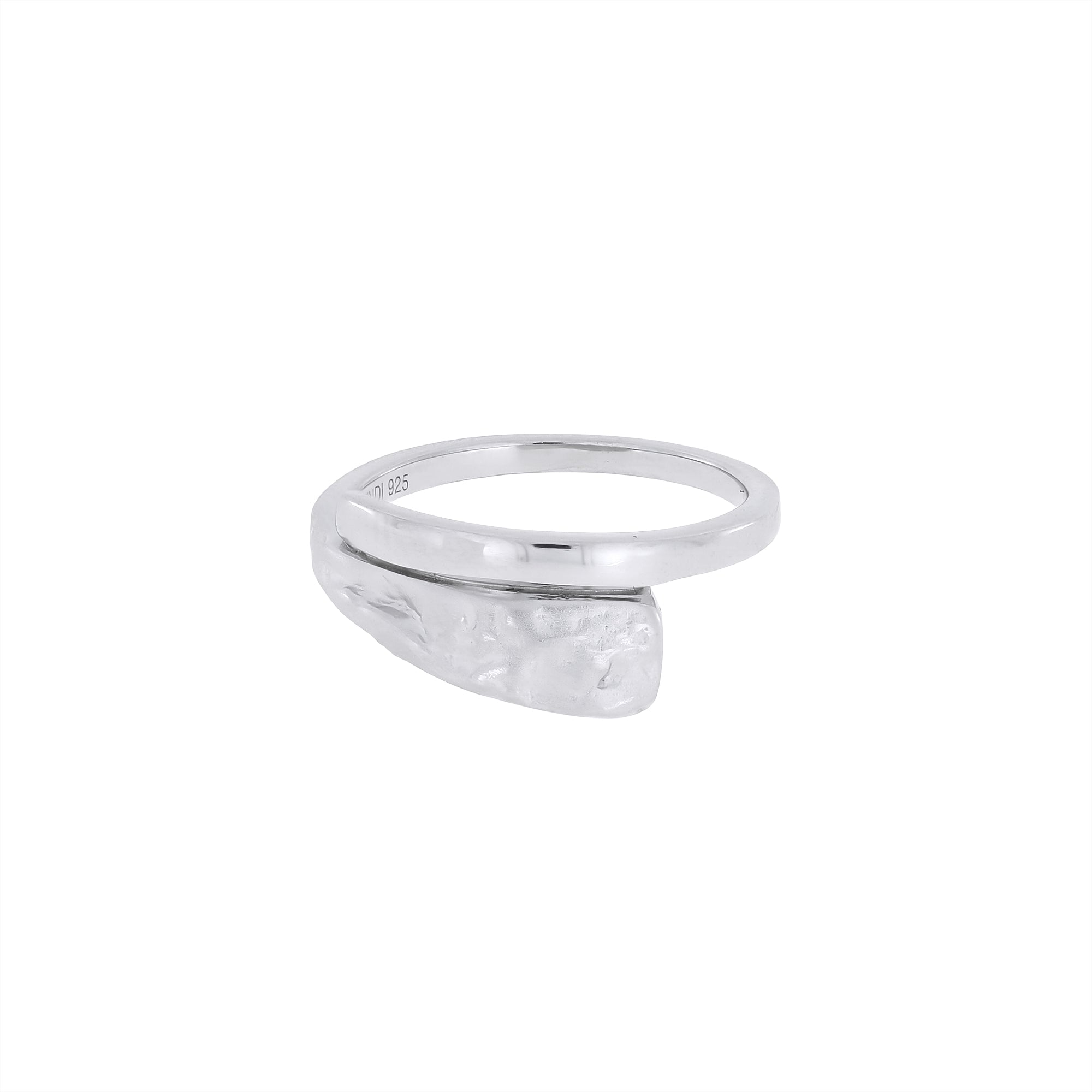 Sterling silver ring featuring a polished band with a contrasting textured sculptural detail, showcasing a modern and refined design for contemporary silver jewellery.
