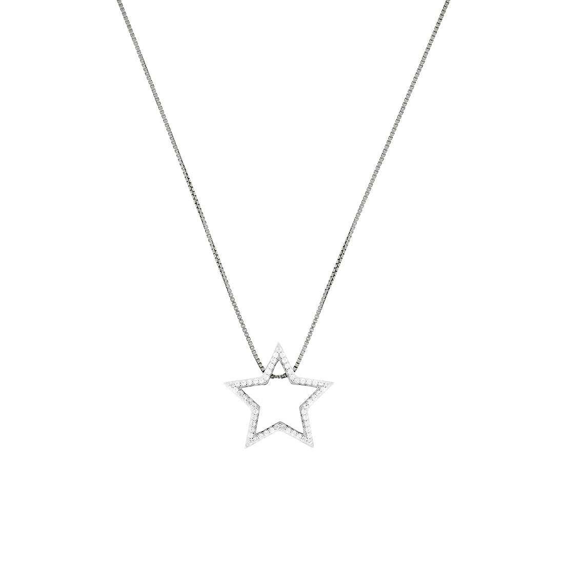 Sterling silver necklace featuring a delicate pavé-set outline star pendant suspended on a fine chain, showcasing minimalist elegance with a modern sculptural design.