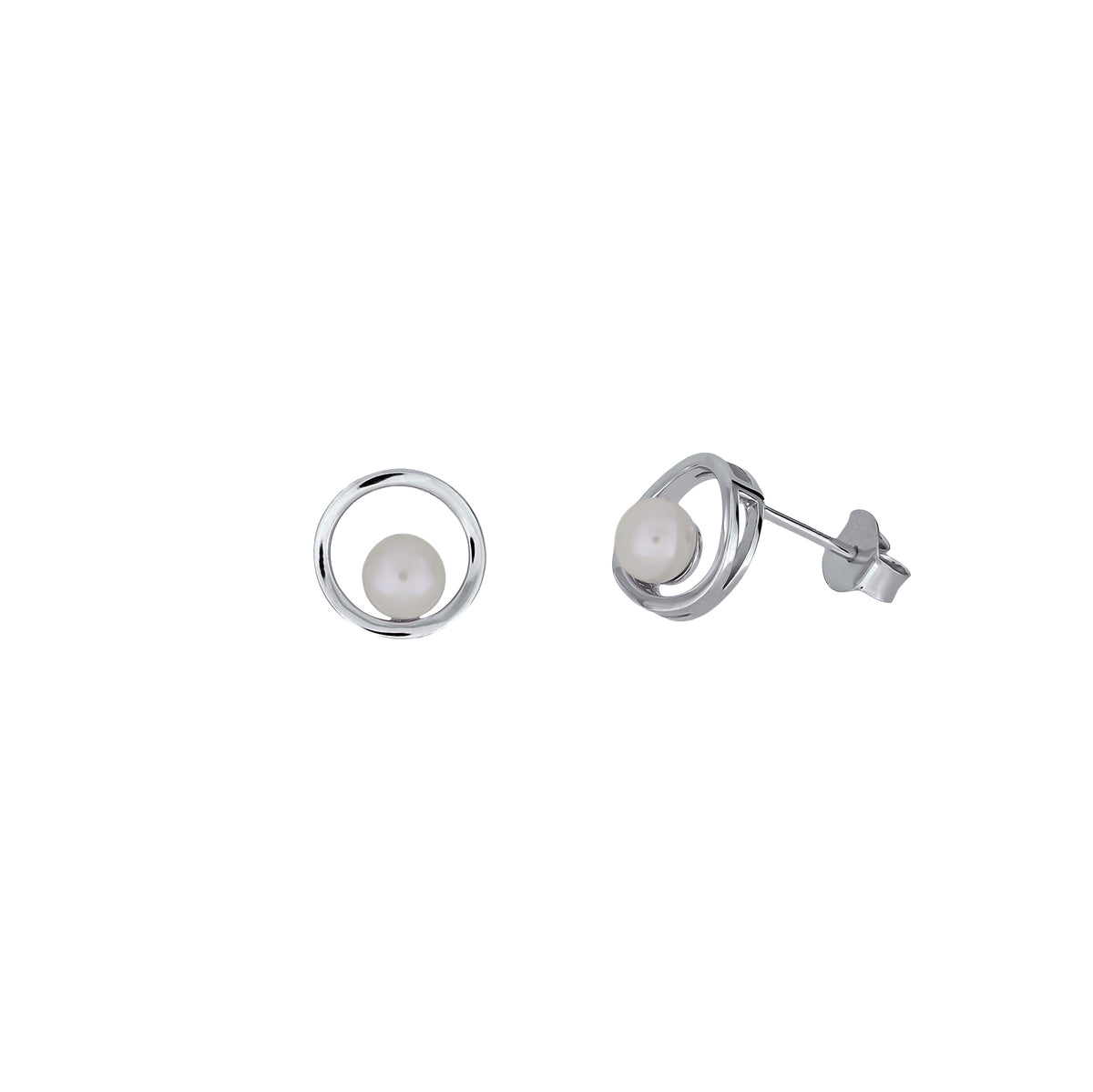 Sterling Silver Simple Circle Pearl Stud Earrings