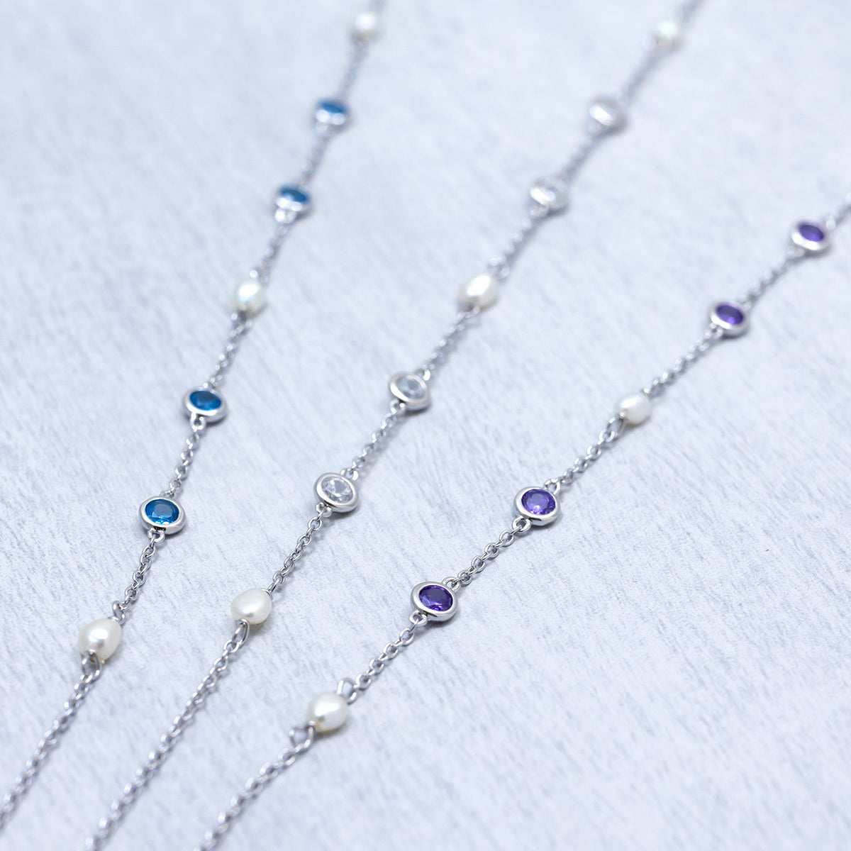 Silver Freshwater Pearl and Blue Cubic Zirconia Chain Necklace