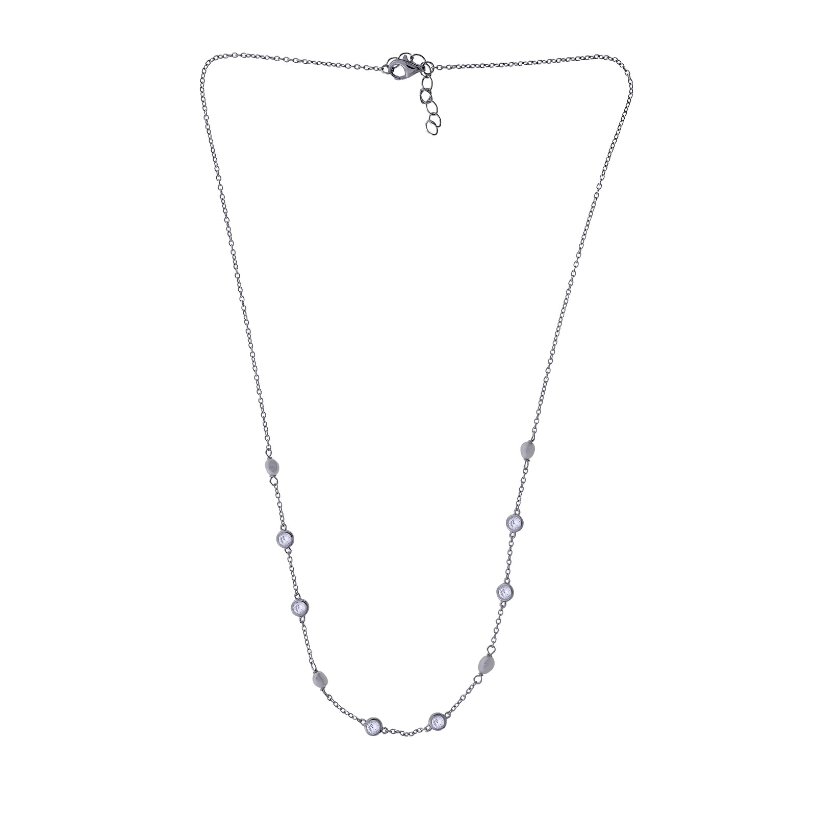Silver Freshwater Pearl and Clear Cubic Zirconia Chain Necklace