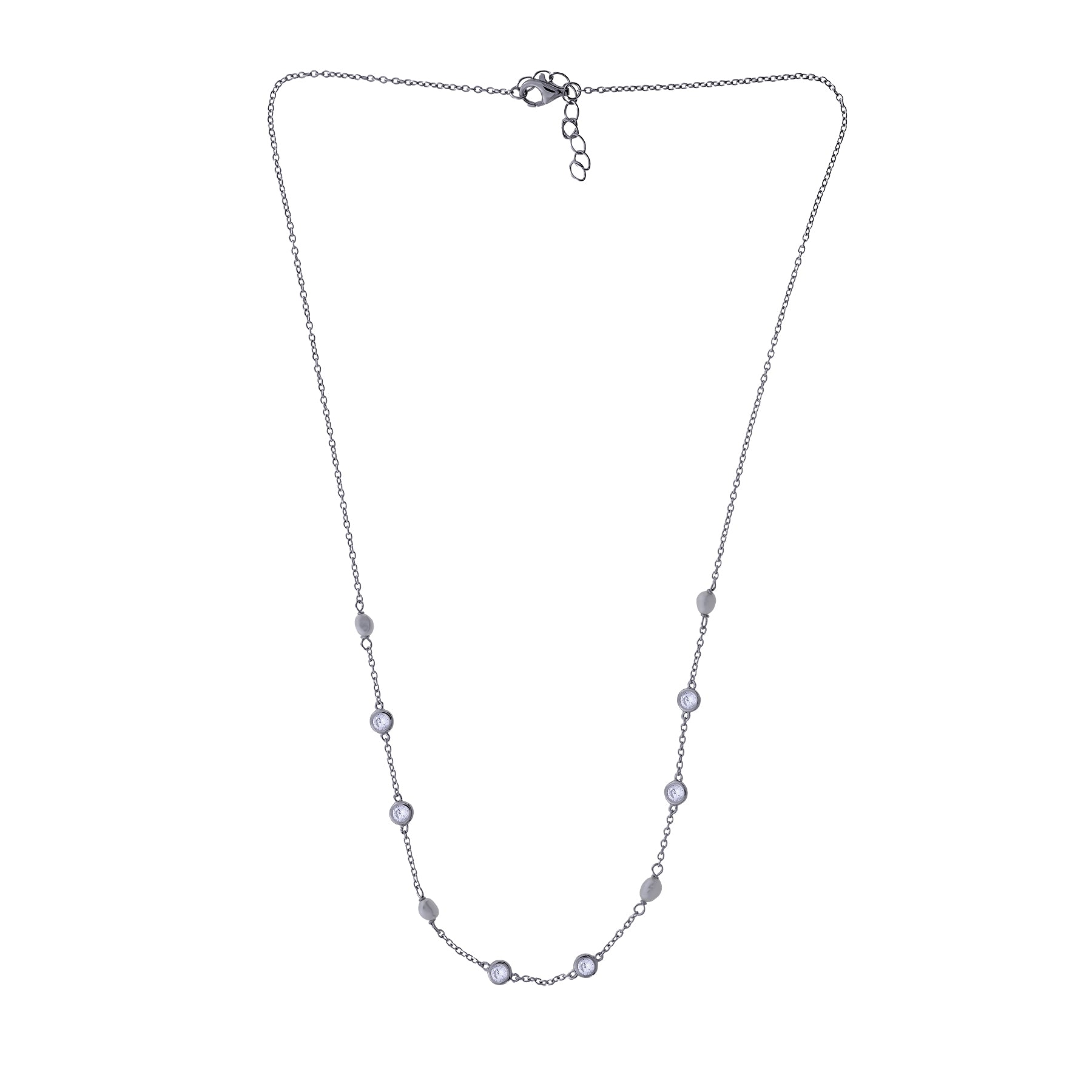 Silver Freshwater Pearl and Clear Cubic Zirconia Chain Necklace