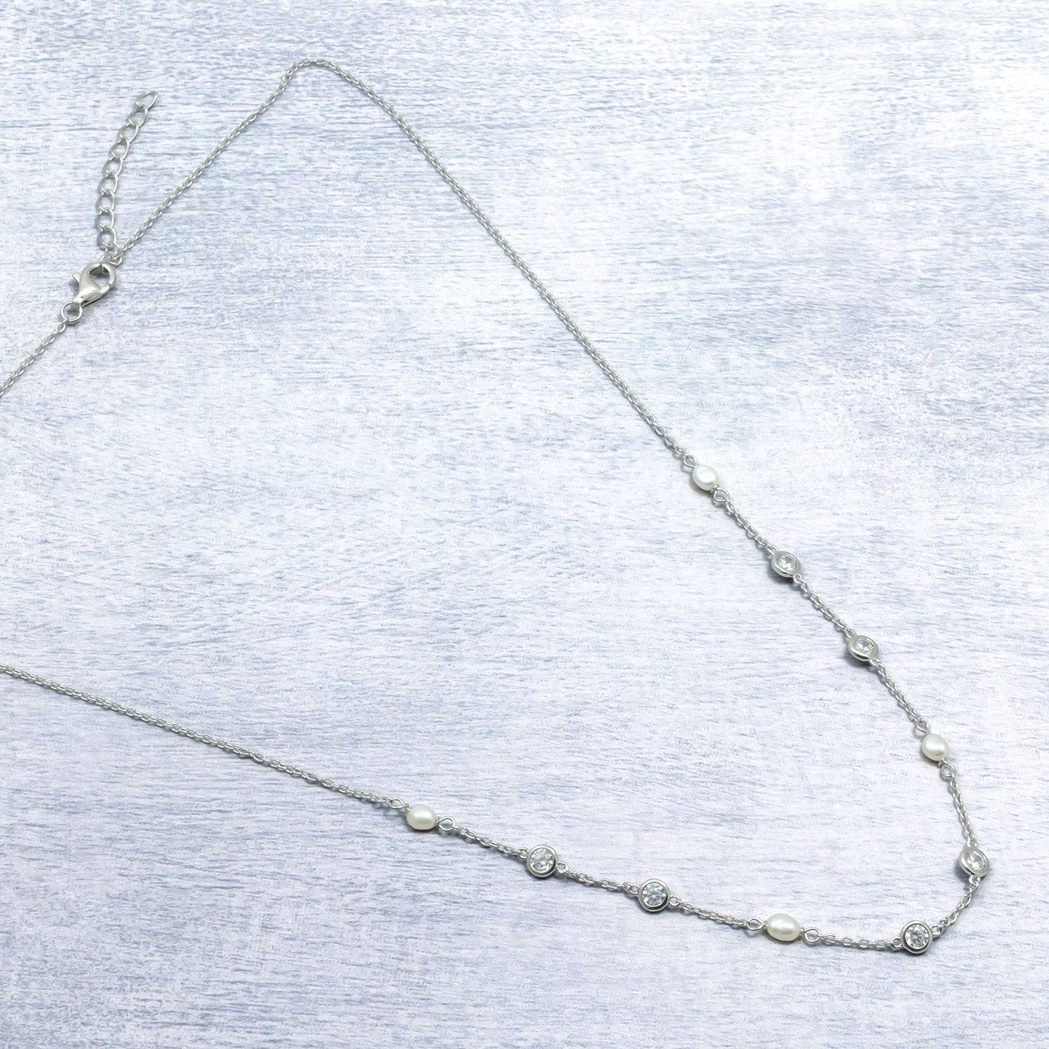 Silver Freshwater Pearl and Clear Cubic Zirconia Chain Necklace