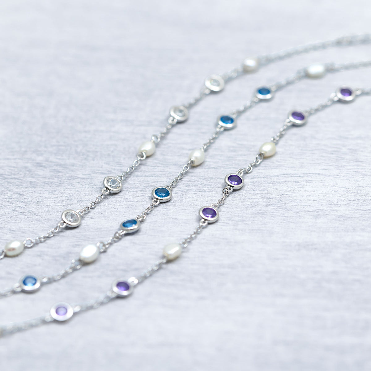 Silver Freshwater Pearl and Blue Cubic Zirconia Bracelet