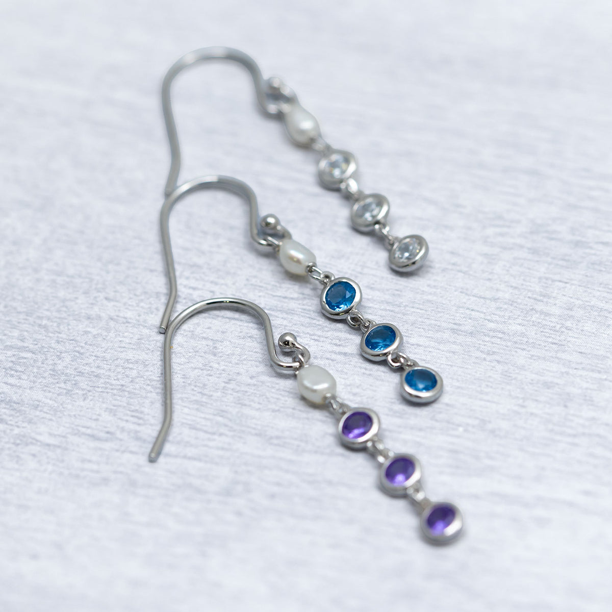 Silver Freshwater Pearl and Blue Cubic Zirconia Drop Earrings