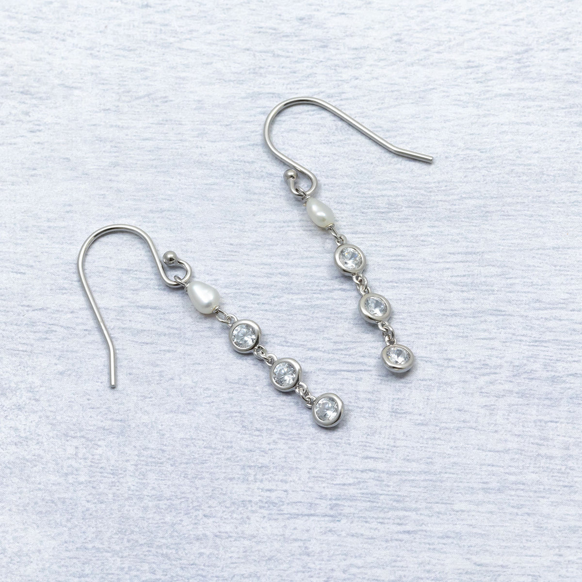 Silver Freshwater Pearl and Clear Cubic Zirconia Drop Earrings