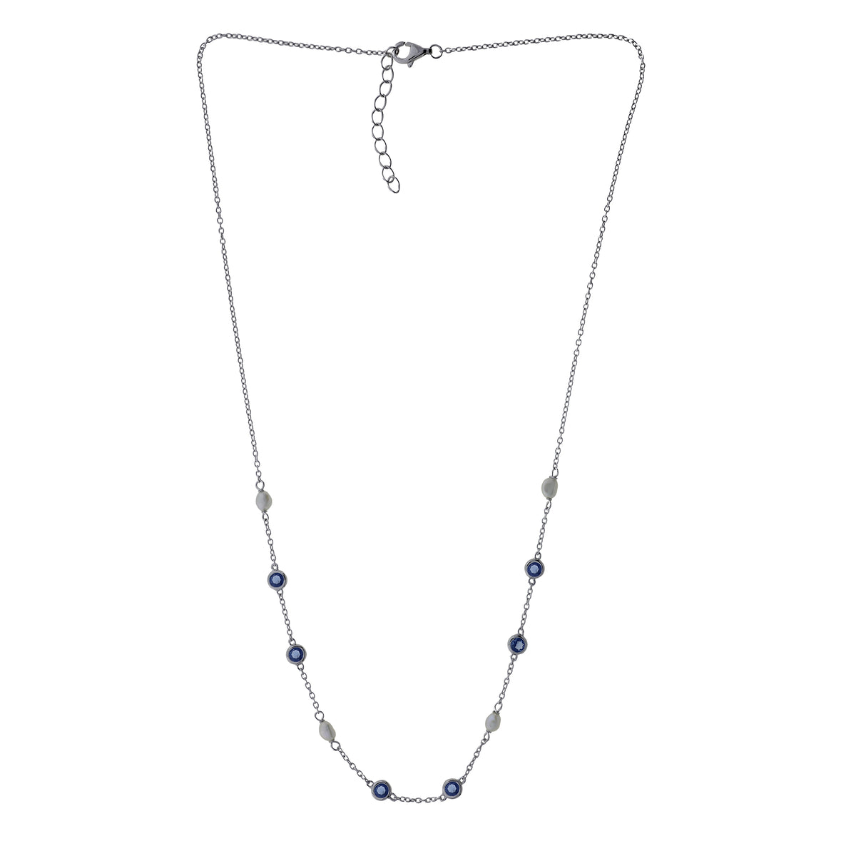 Silver Freshwater Pearl and Blue Cubic Zirconia Chain Necklace