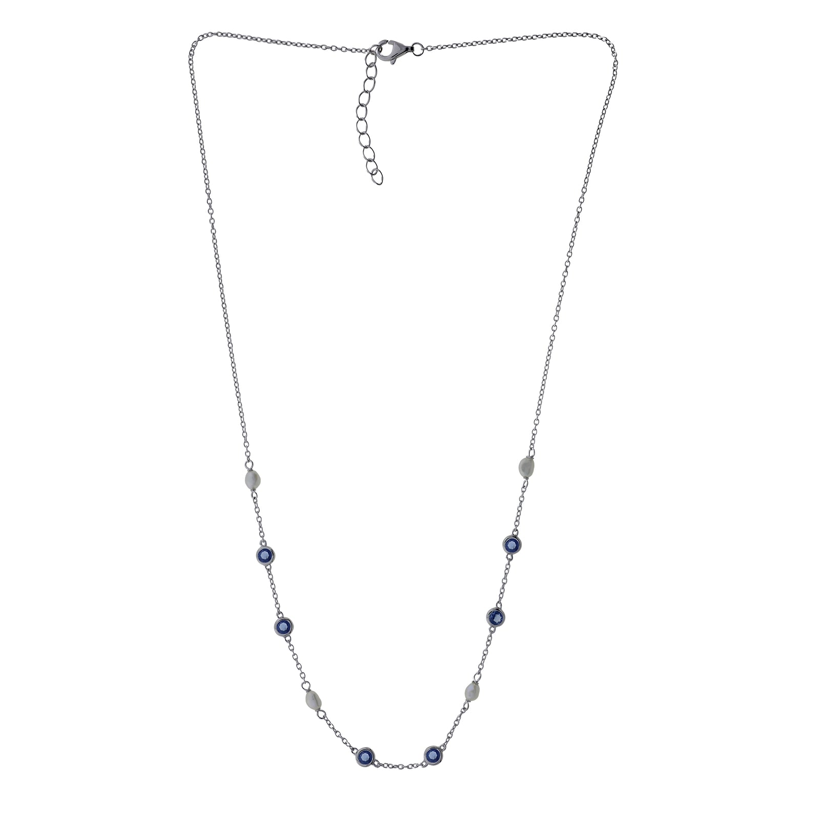 Silver Freshwater Pearl and Blue Cubic Zirconia Chain Necklace