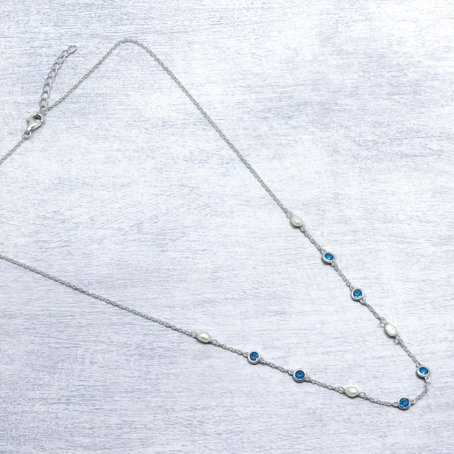 Silver Freshwater Pearl and Blue Cubic Zirconia Chain Necklace