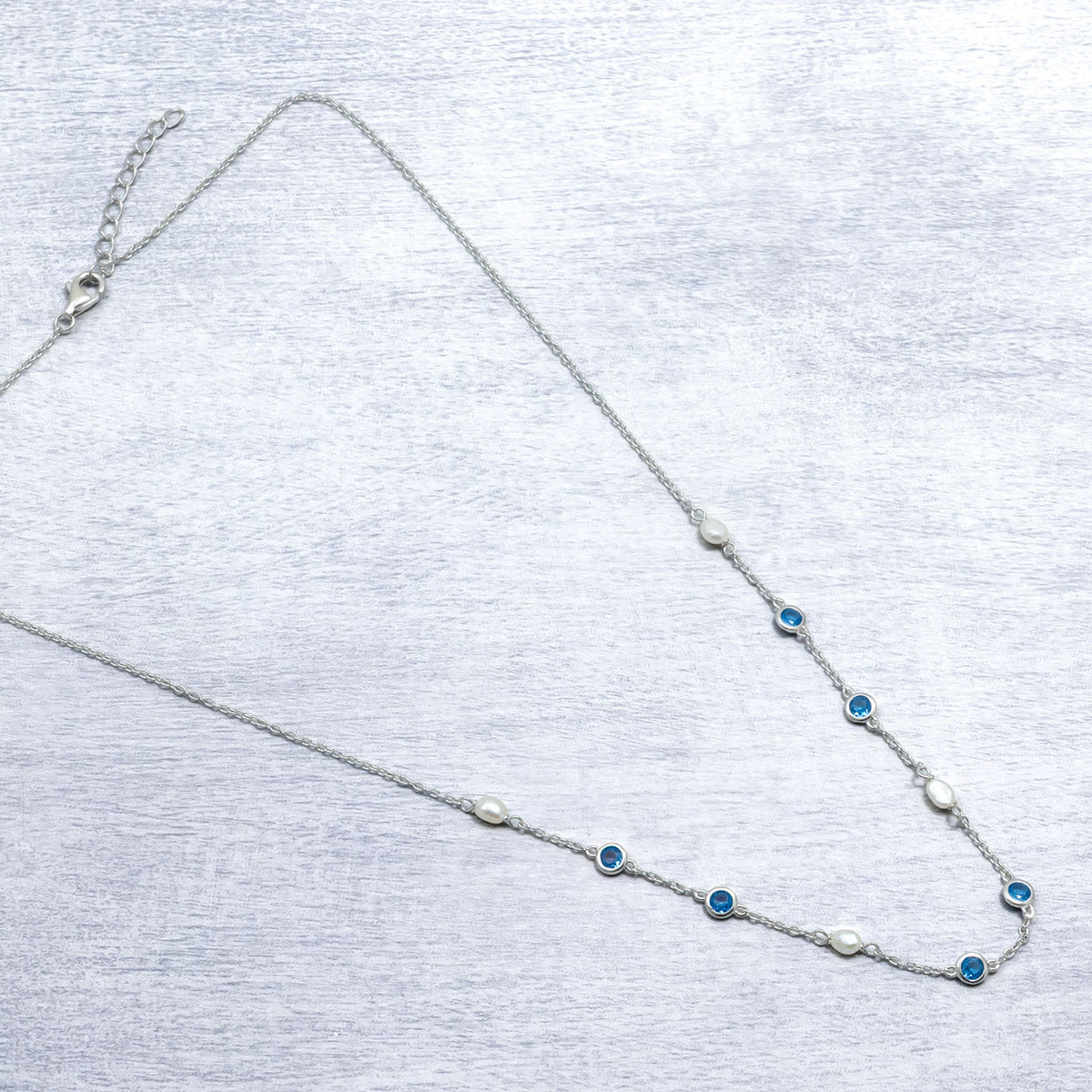 Silver Freshwater Pearl and Blue Cubic Zirconia Chain Necklace