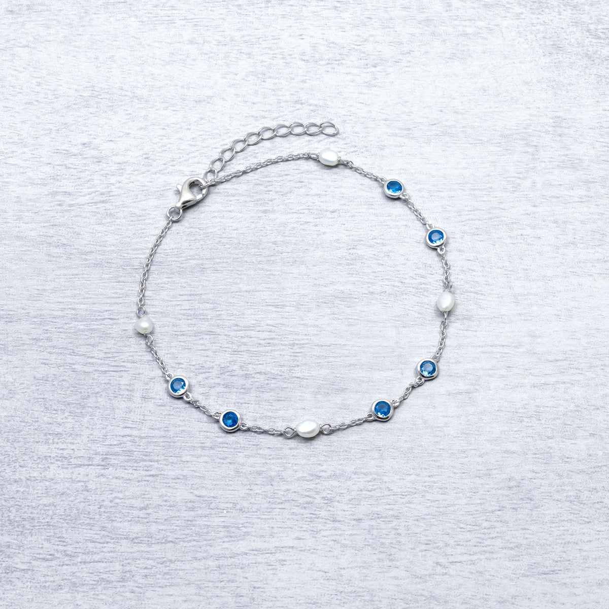 Silver Freshwater Pearl and Blue Cubic Zirconia Bracelet