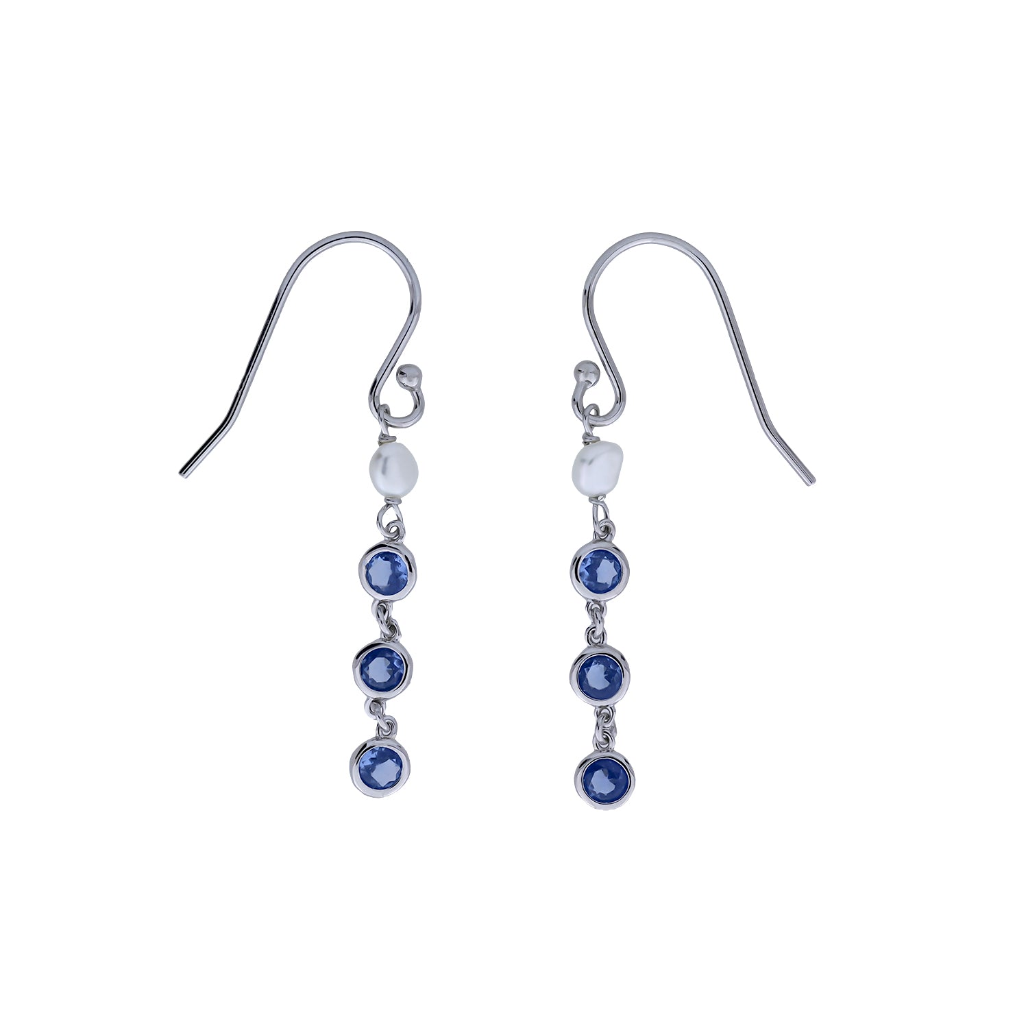 Sterling silver drop earrings featuring a vertical row of three bezel-set blue cubic zirconia stones beneath a single freshwater pearl, embodying elegant contemporary design.