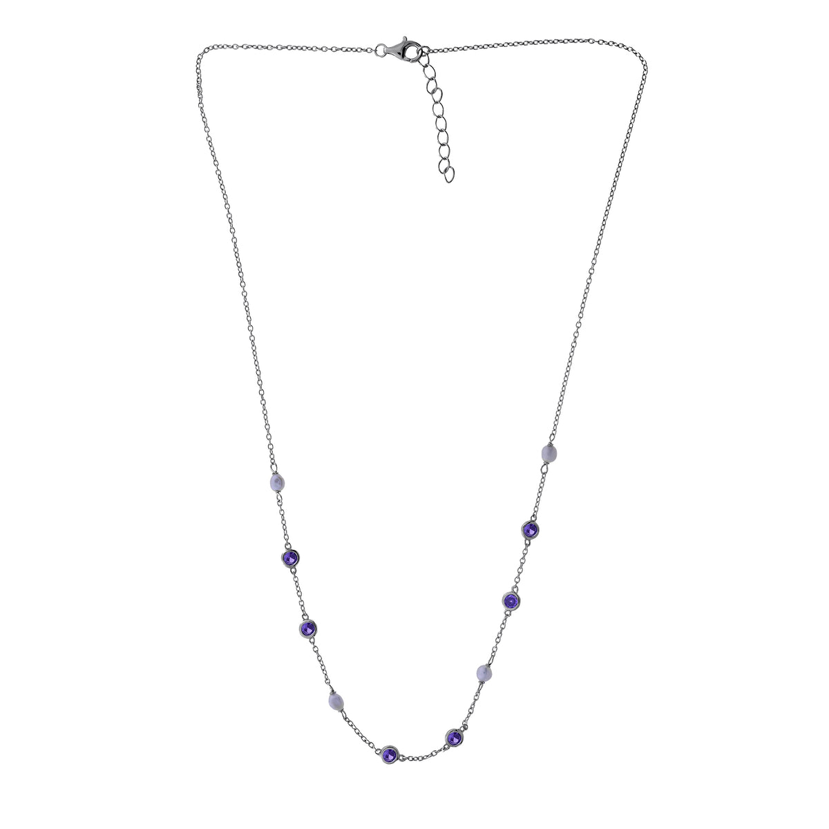 Silver Freshwater Pearl and Purple Cubic Zirconia Chain Necklace