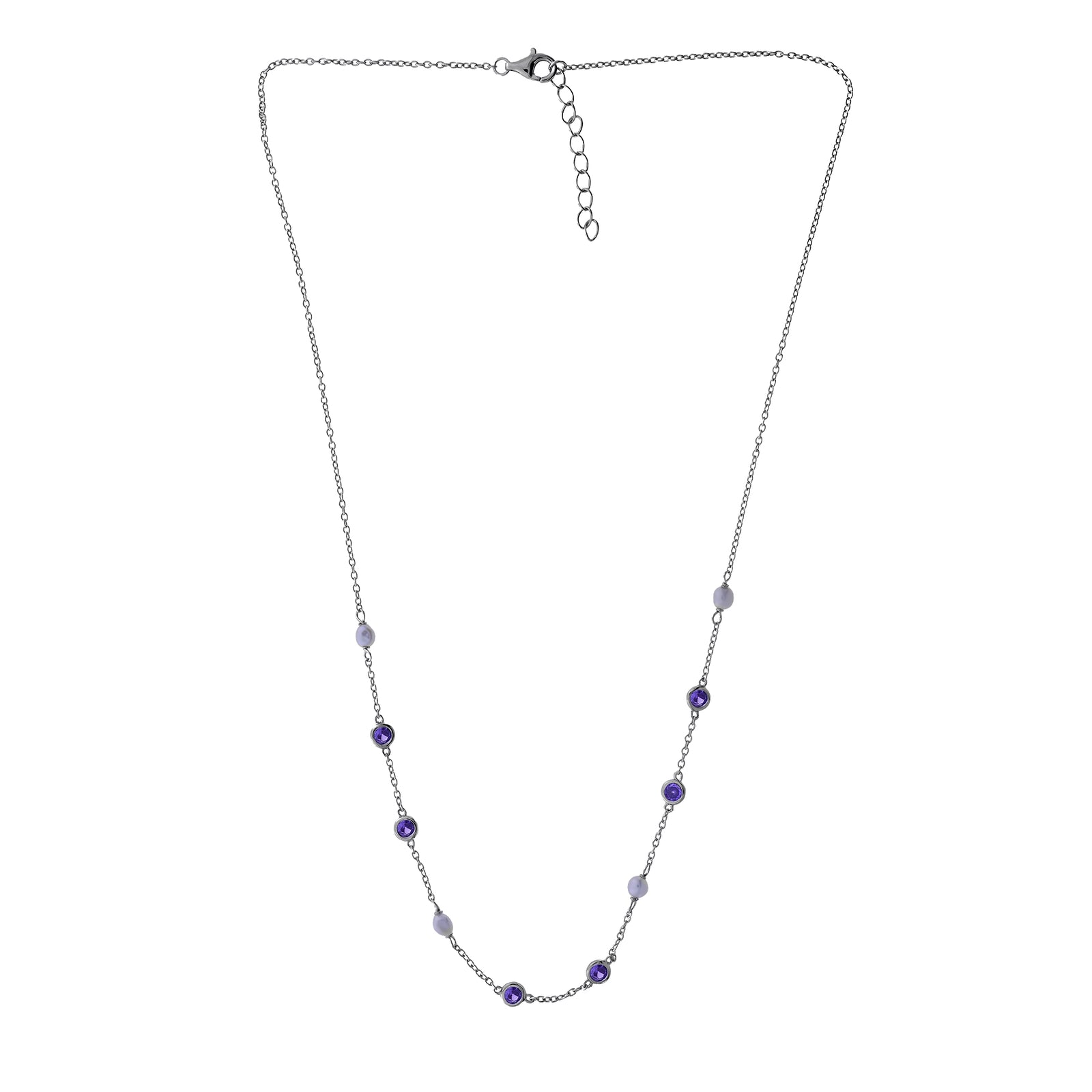 Silver Freshwater Pearl and Purple Cubic Zirconia Chain Necklace