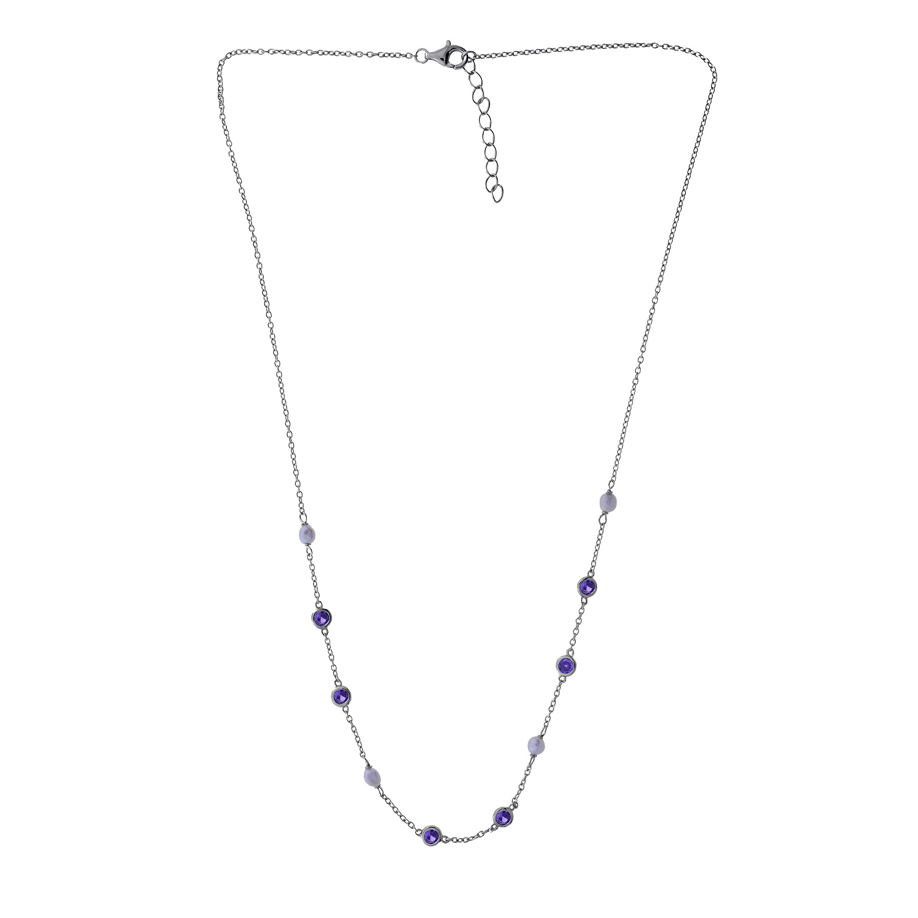 Silver Freshwater Pearl and Purple Cubic Zirconia Chain Necklace