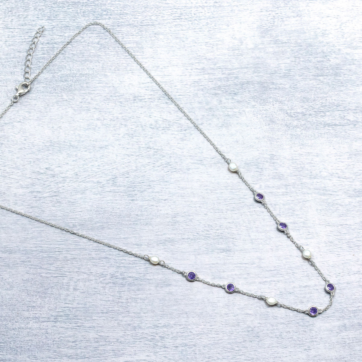 Silver Freshwater Pearl and Purple Cubic Zirconia Chain Necklace