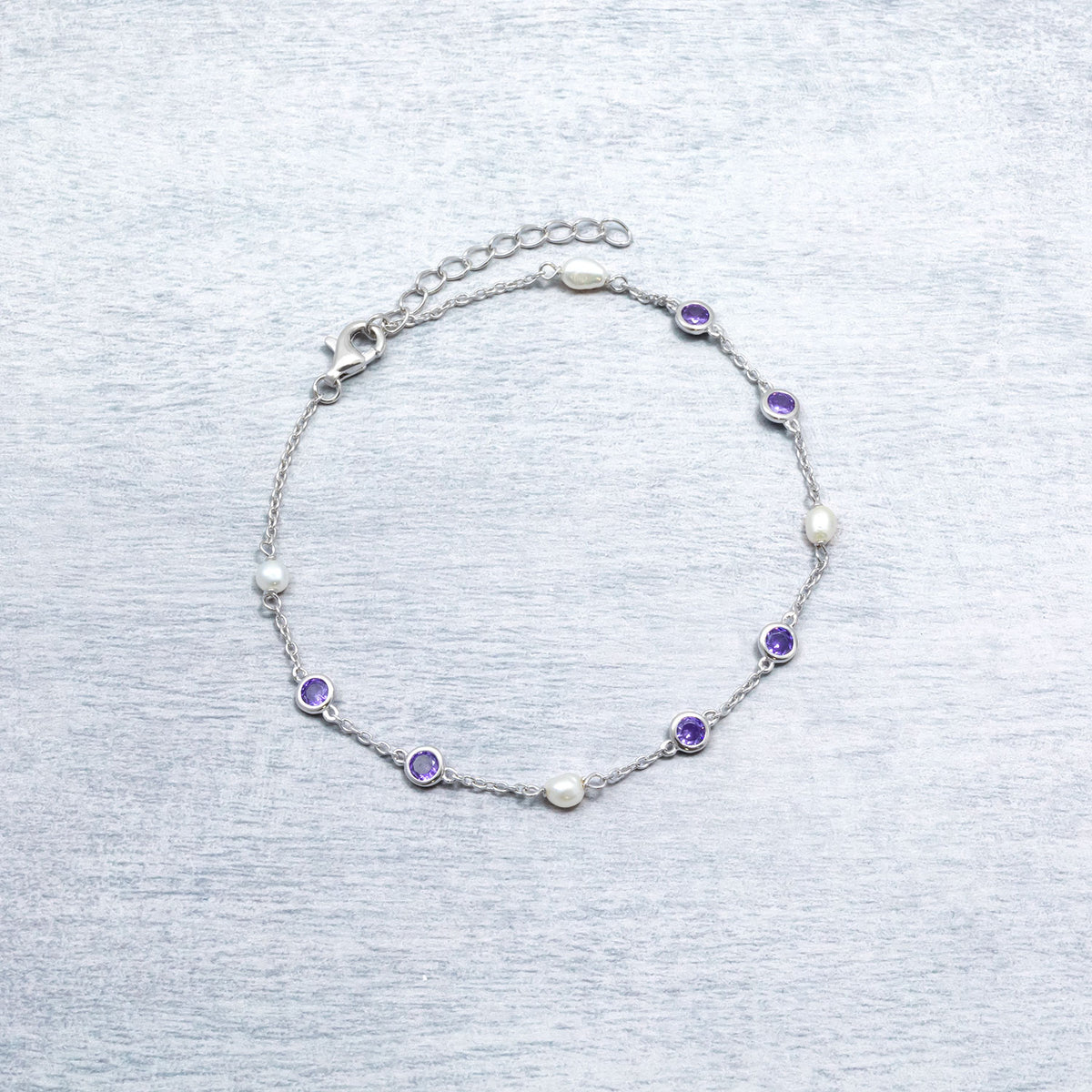 Silver Freshwater Pearl and Purple Cubic Zirconia Bracelet