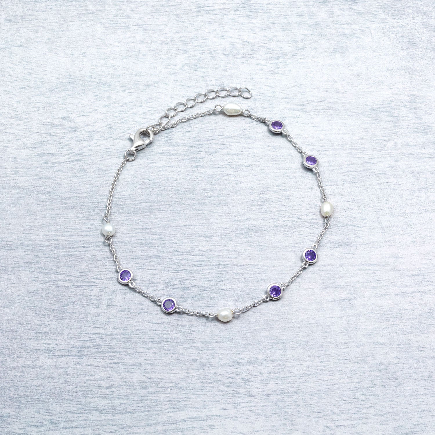 Silver Freshwater Pearl and Purple Cubic Zirconia Bracelet