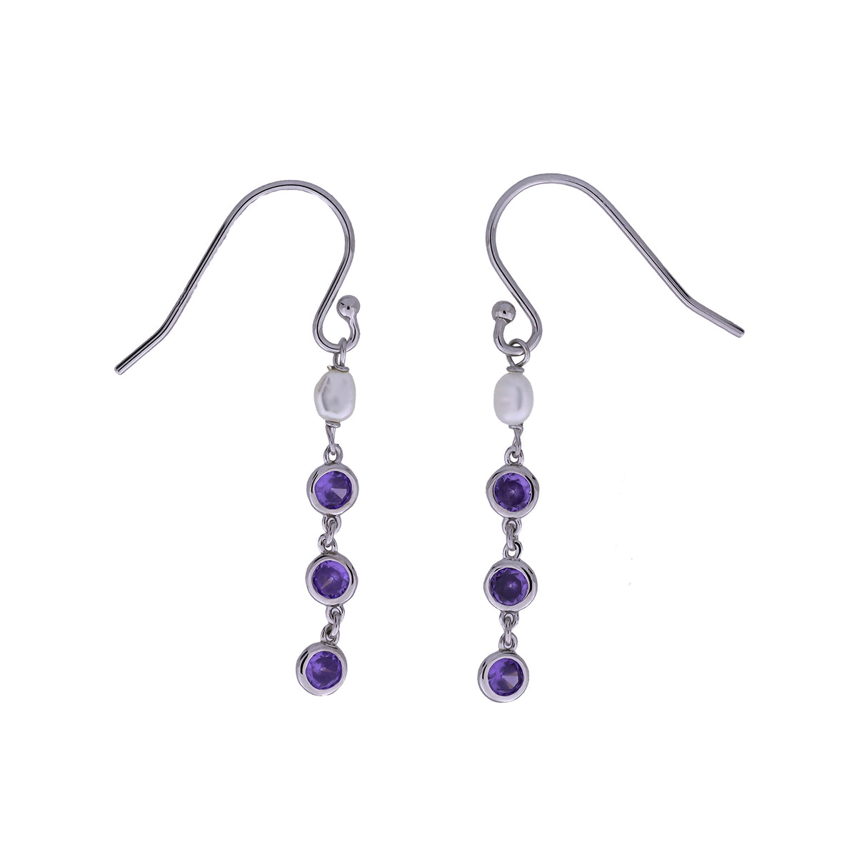 Silver Freshwater Pearl and Purple Cubic Zirconia Drop Earrings