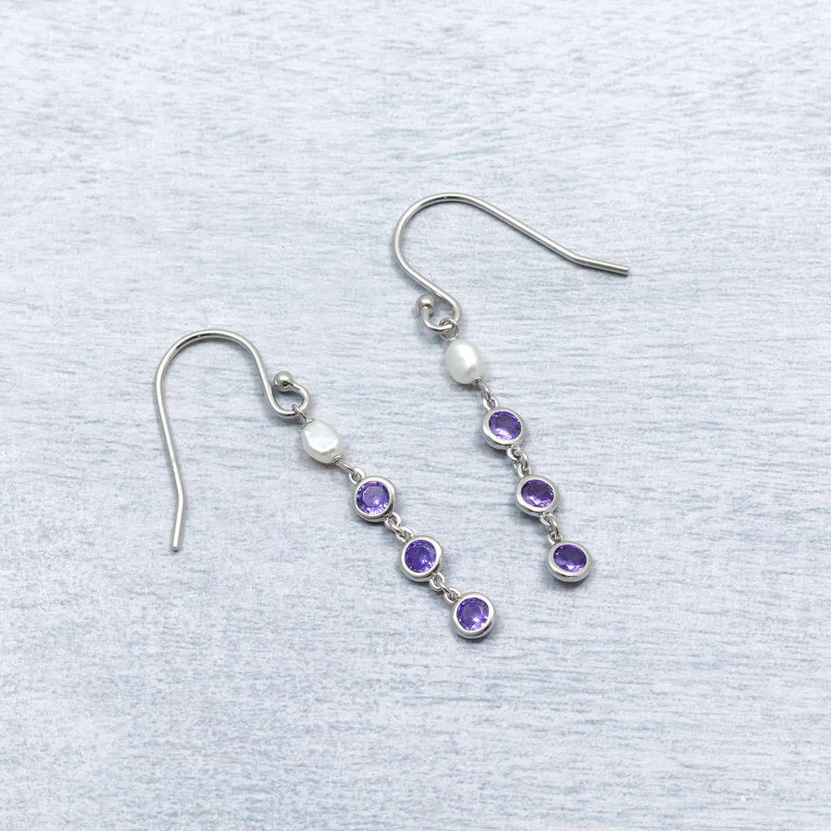 Silver Freshwater Pearl and Purple Cubic Zirconia Drop Earrings