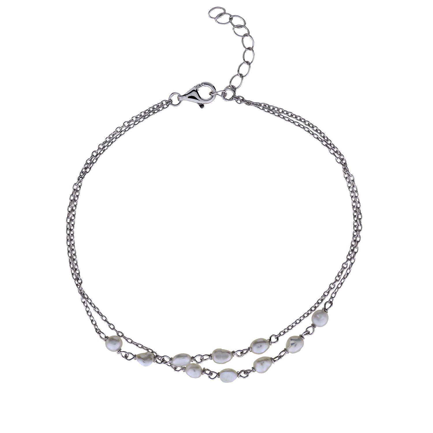 Silver Freshwater Pearl Double Strand Chain Bracelet