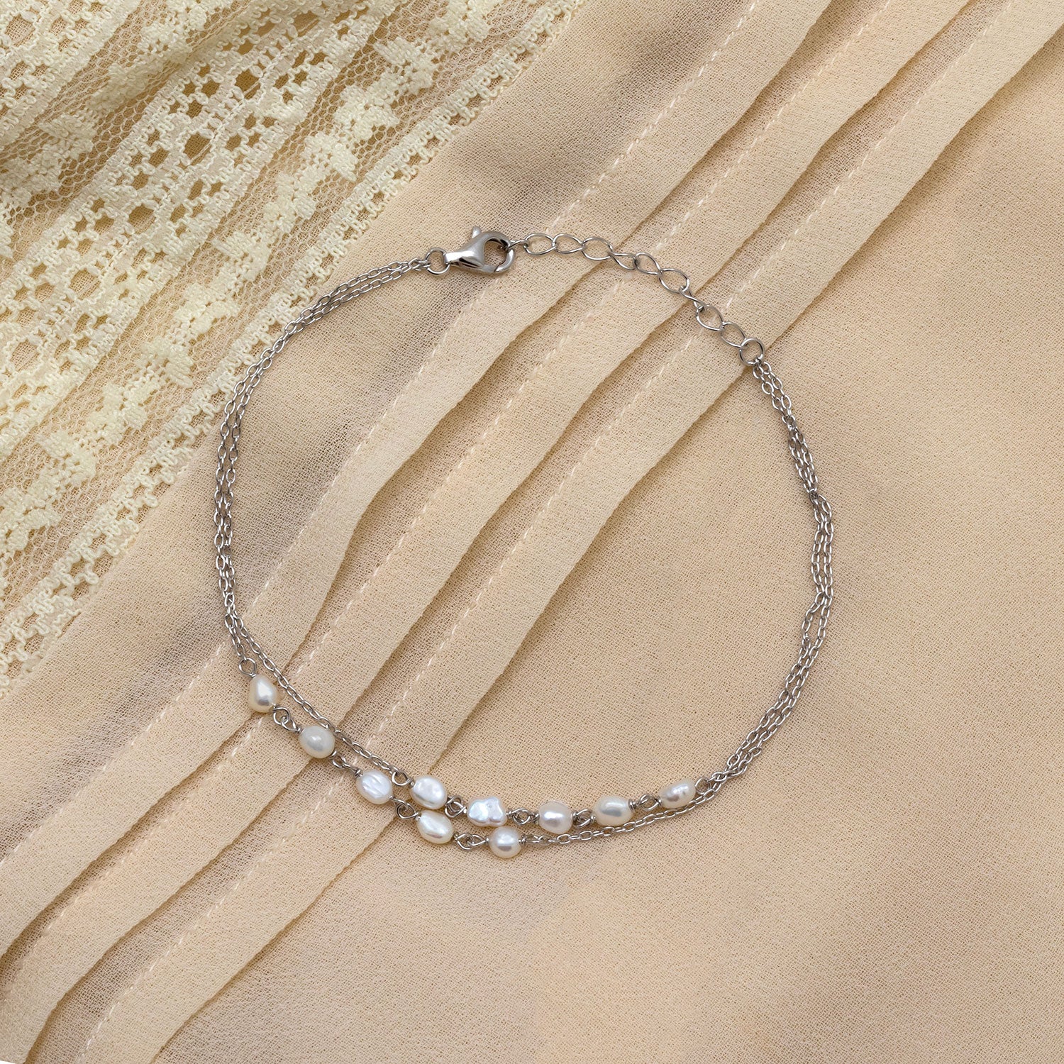Silver Freshwater Pearl Double Strand Chain Bracelet