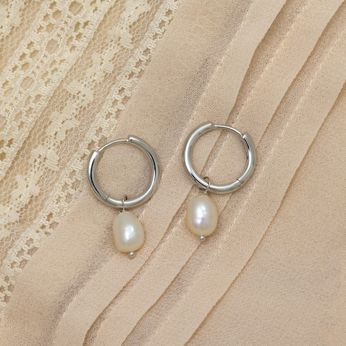 Silver Hinged Hoop Earrings with Freshwater Pearl Charms