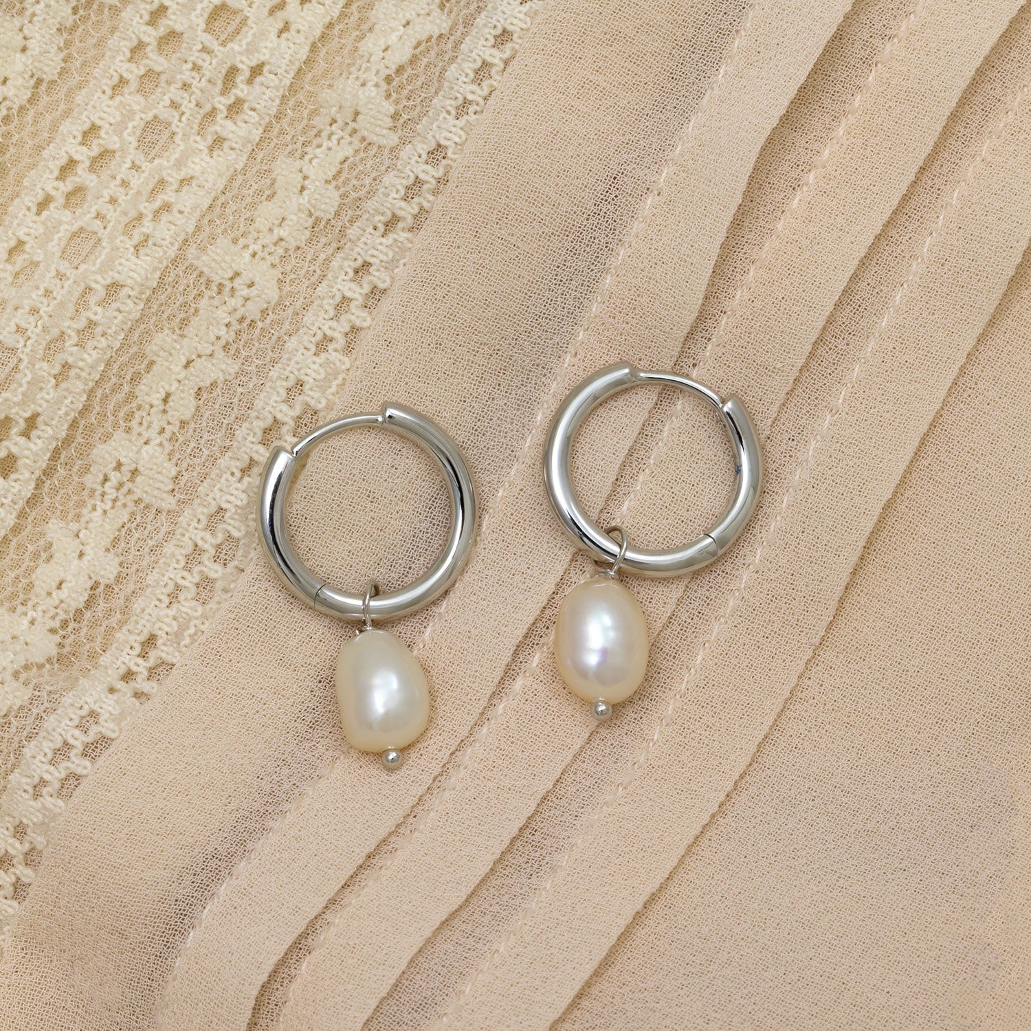 Silver Hinged Hoop Earrings with Freshwater Pearl Charms