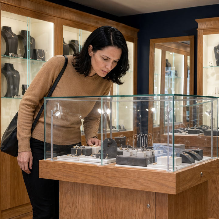 Woman in a tan sweater and black bag intently examining sterling silver bracelets, rings, and necklaces displayed in a glass case within a wooden and navy blue boutique interior.