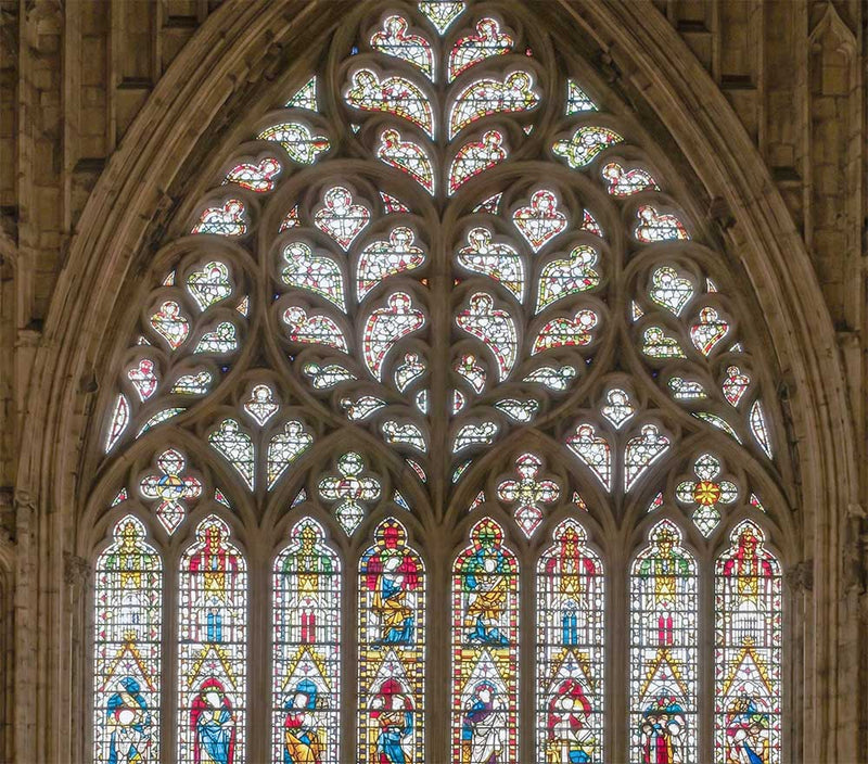 Stained glass window the Heart of Yorkshire at York Minster with light streaming in