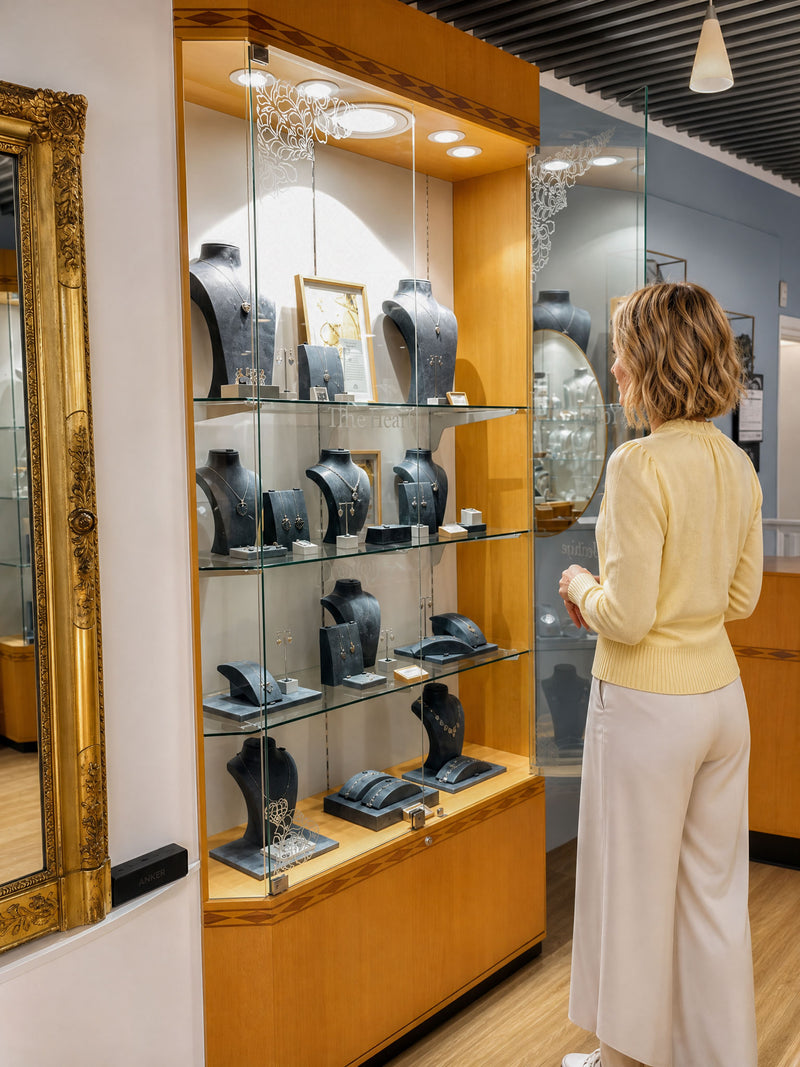 A woman in a pale yellow sweater and cream trousers stands in a jewellery boutique, viewing a wooden and glass display case filled with empty necklace busts and jewellery stands under warm lighting.