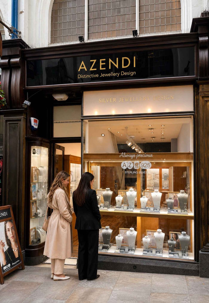 Two women stand outside an Azendi boutique in a historic shopping arcade, looking at displays of sterling silver jewellery illuminated behind a polished wooden and glass storefront.