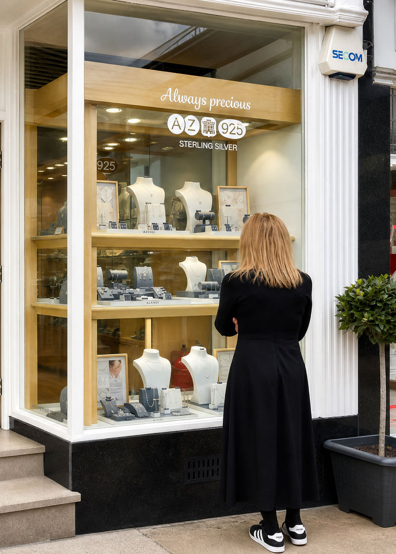 A woman with blonde hair wearing a long black coat and black sneakers stands on a sidewalk looking into a jewellery store window displaying white necklace busts, framed photos, and sterling silver pieces under bright lighting.