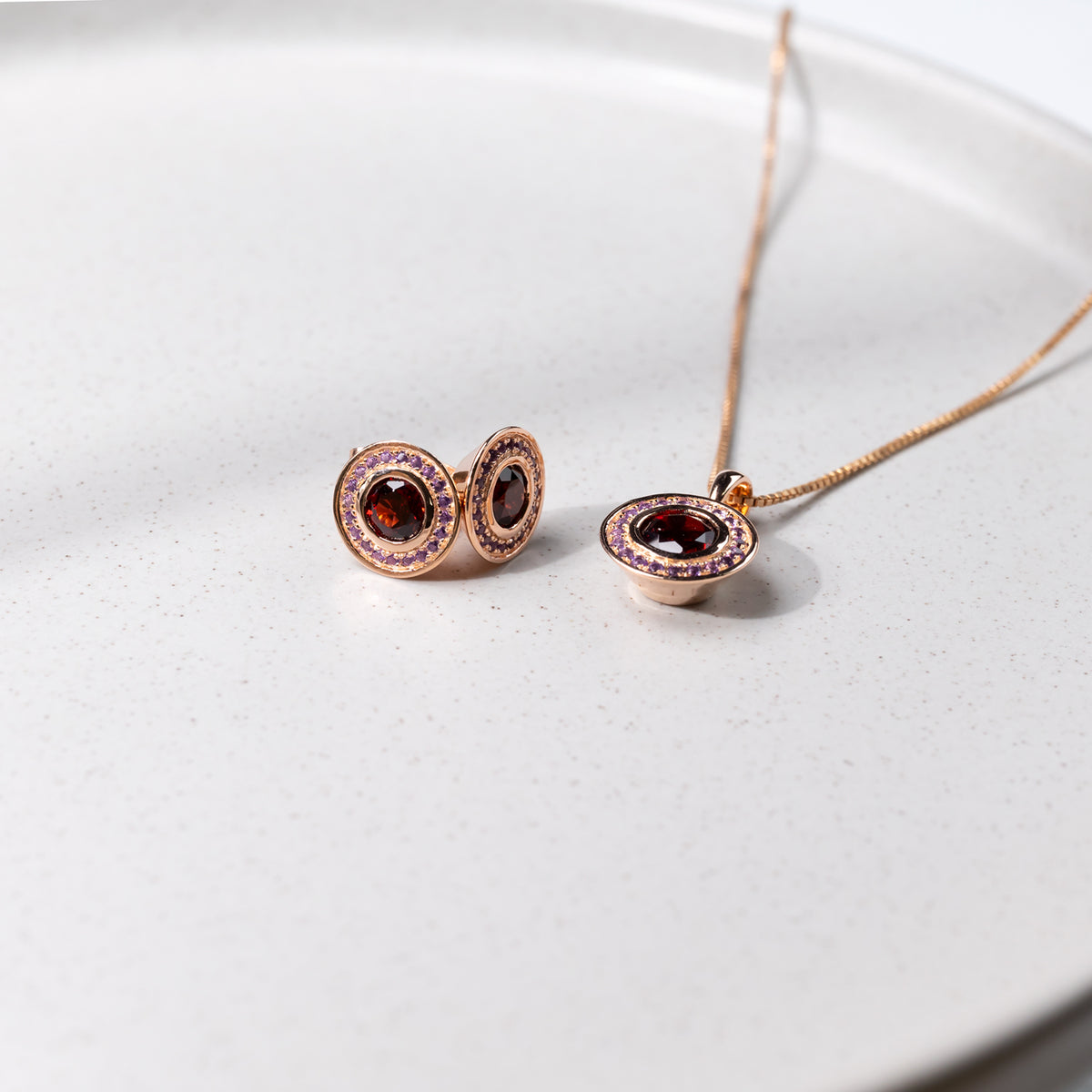 Garnet & Amethyst Stud Earrings in Rose Gold Vermeil