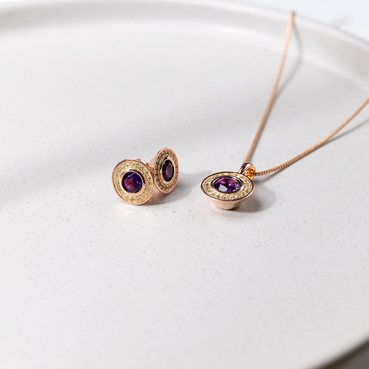 Amethyst & Olivine Stud Earrings in Rose Gold Vermeil