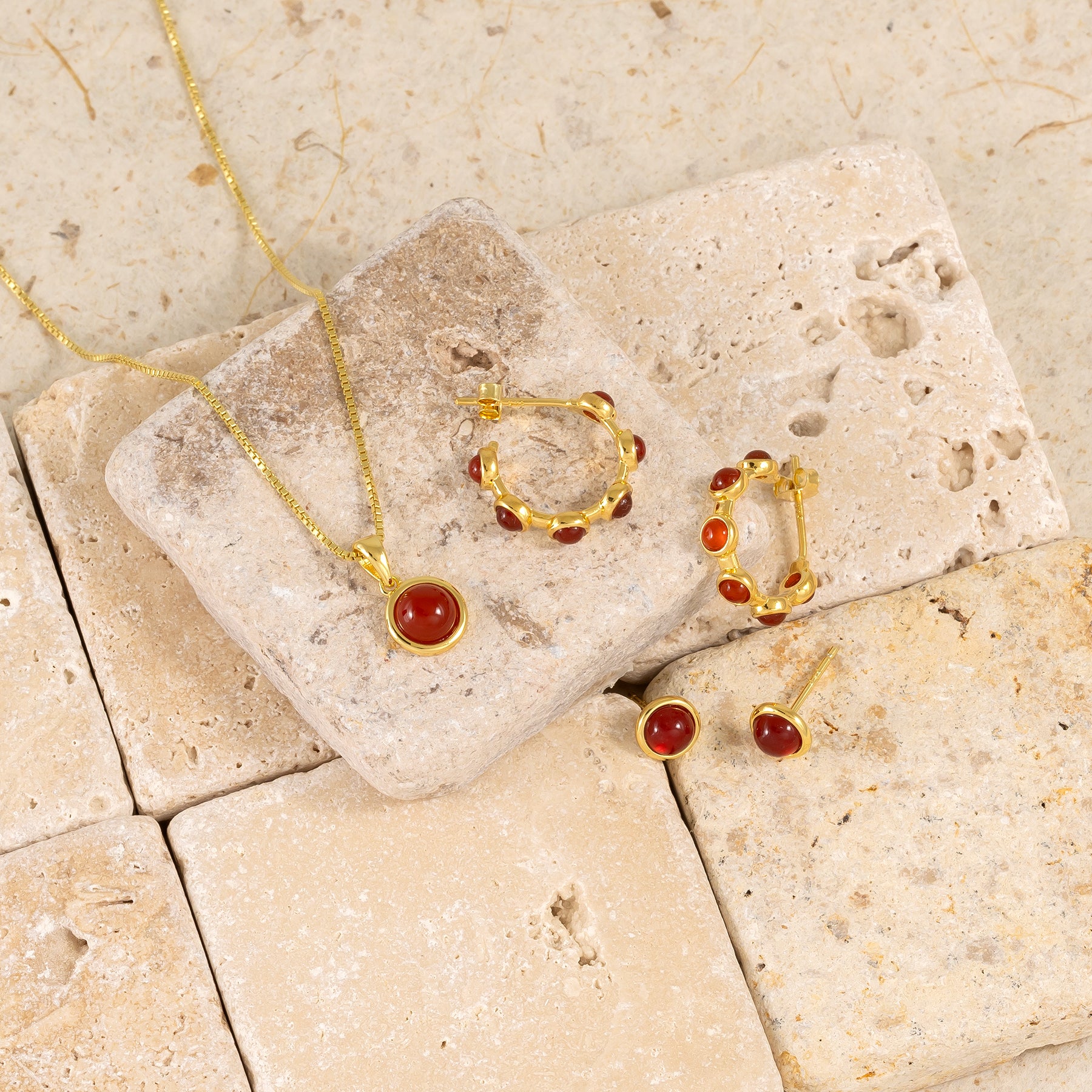 Gold Vermeil & Red Agate Circles Hoop Earrings