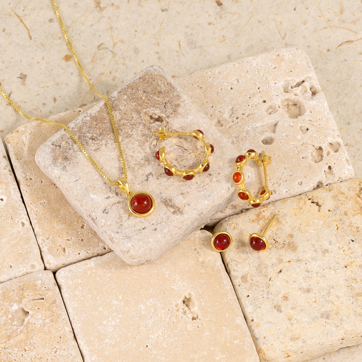 Gold Vermeil & Red Agate Circles Hoop Earrings