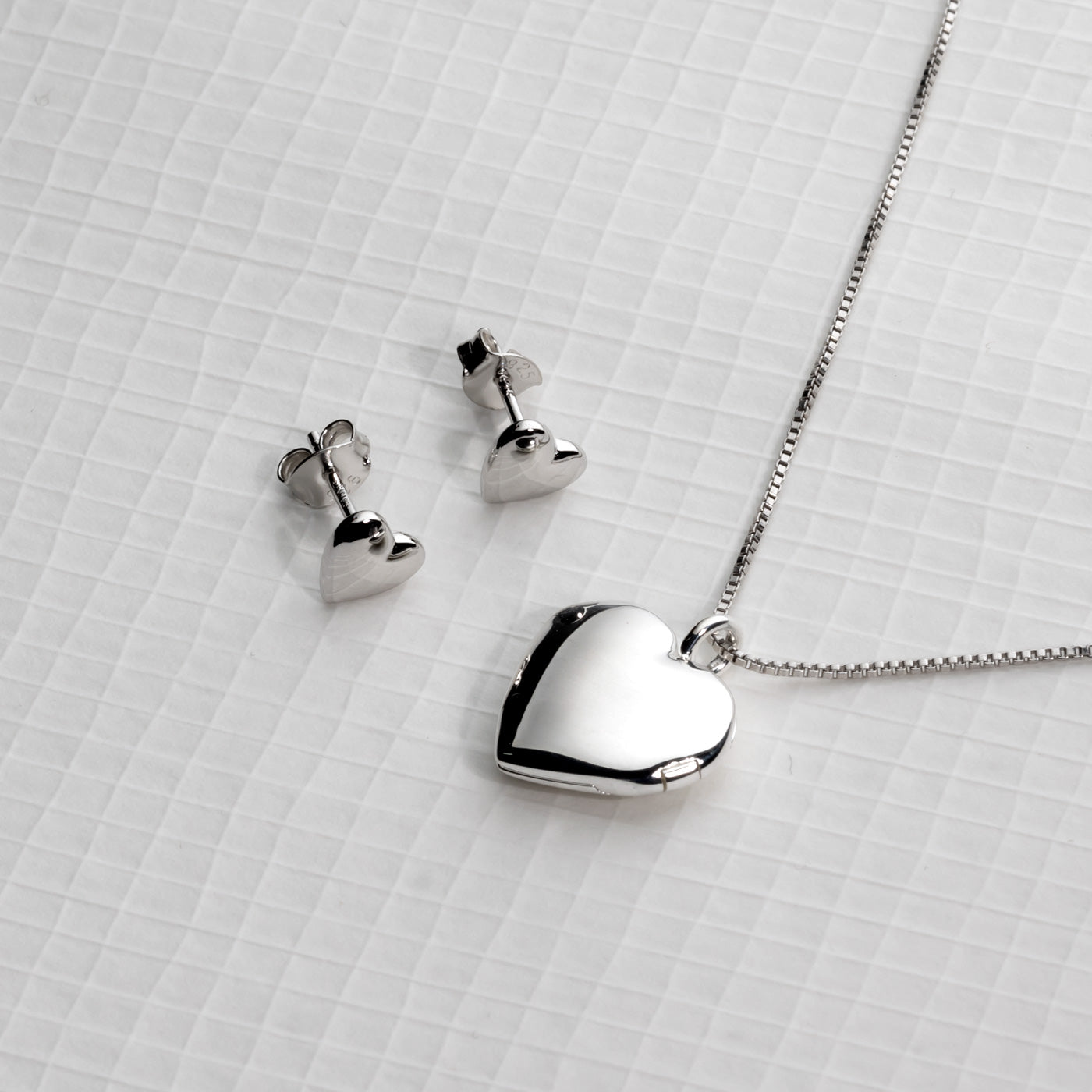 Silver Heart Locket and Earrings Set