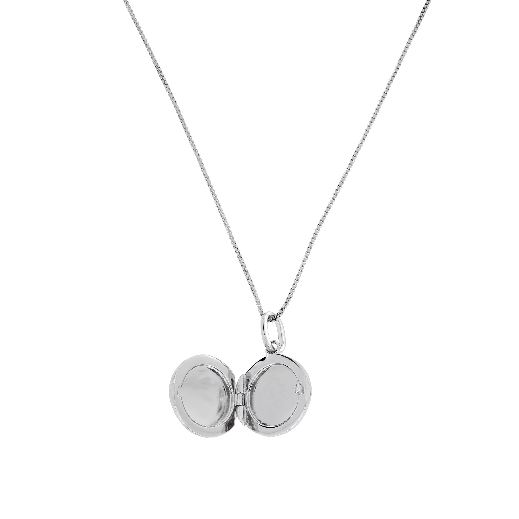 Open sterling silver locket pendant featuring a smooth, polished finish and suspended from a fine adjustable chain, reflecting contemporary designer jewellery.