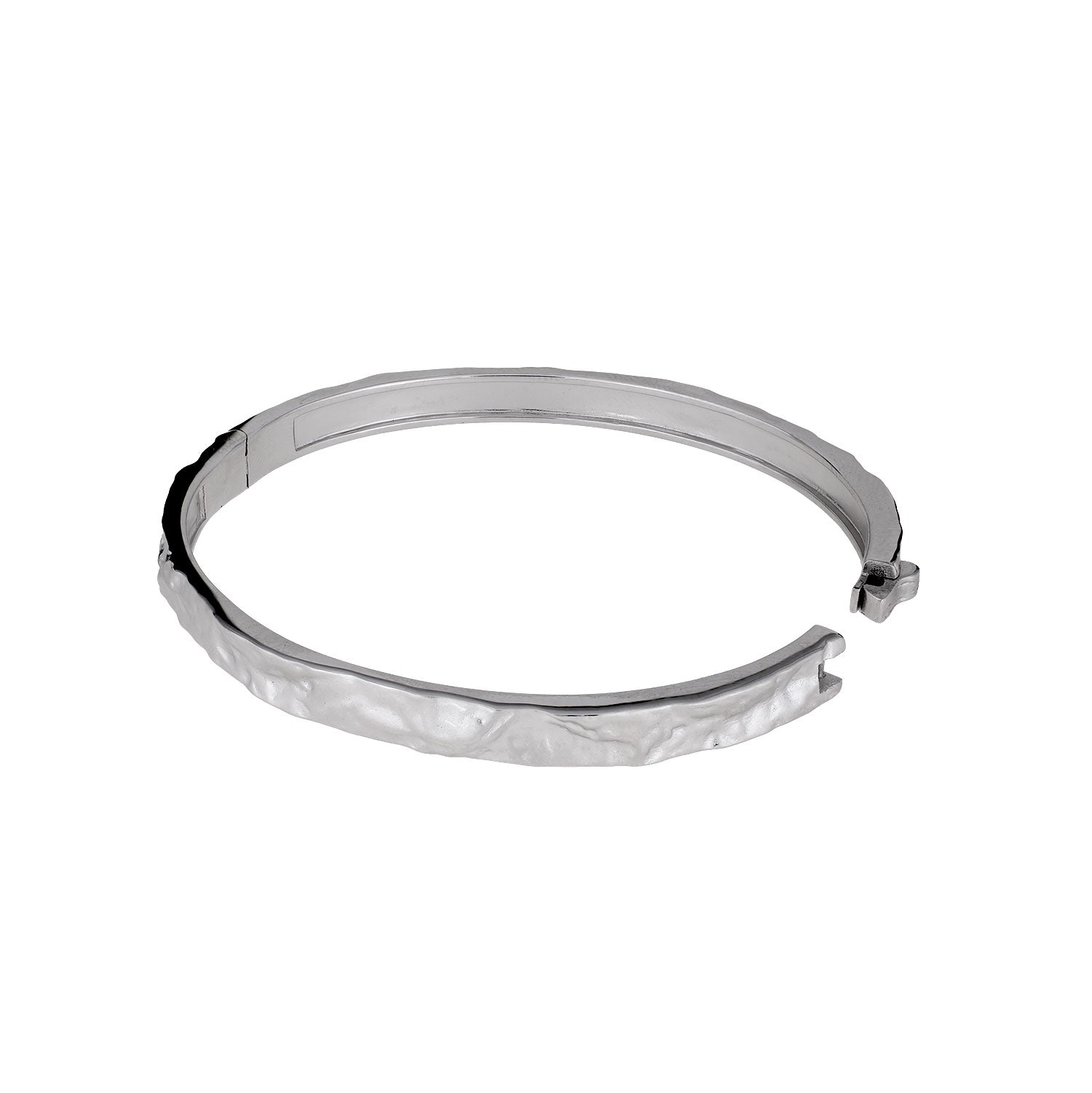 Sterling silver bangle featuring a sculpted textured band with a polished interior and secure clasp, showcasing contemporary British silver jewellery craftsmanship by Azendi.