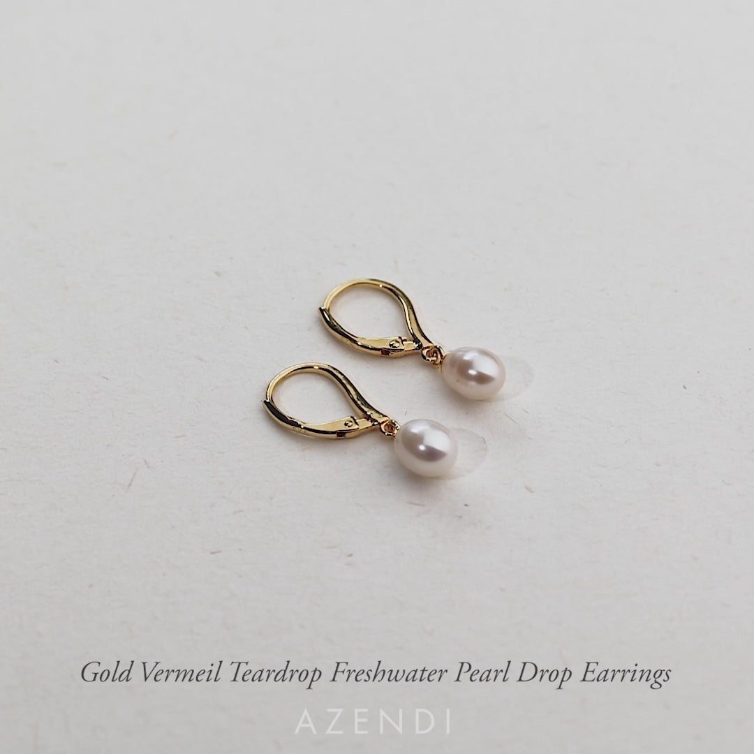 Simple Gold Vermeil Teardrop Freshwater Pearl Drop Earrings