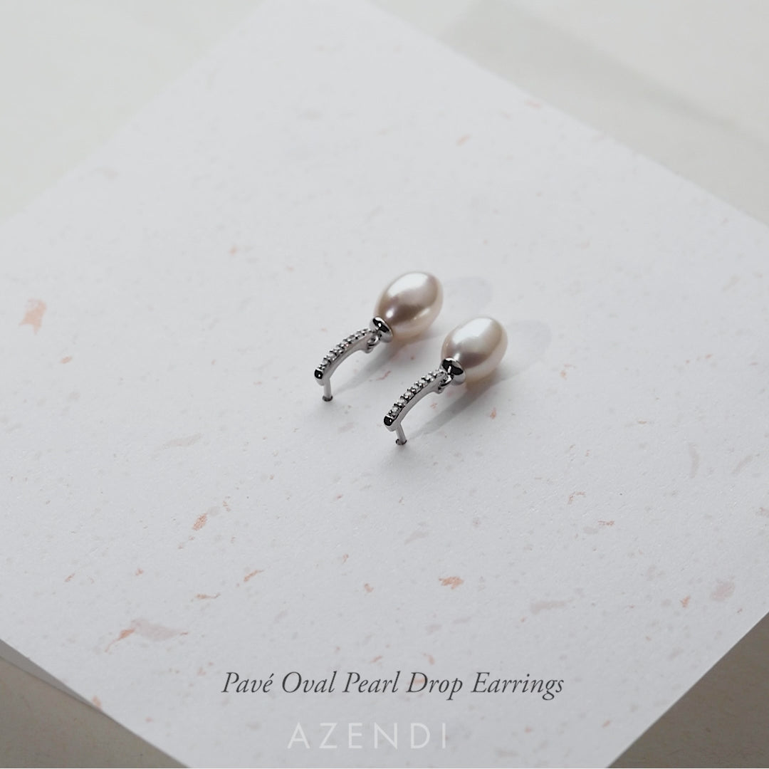 Silver & Pavé Oval Pearl Drop Earrings