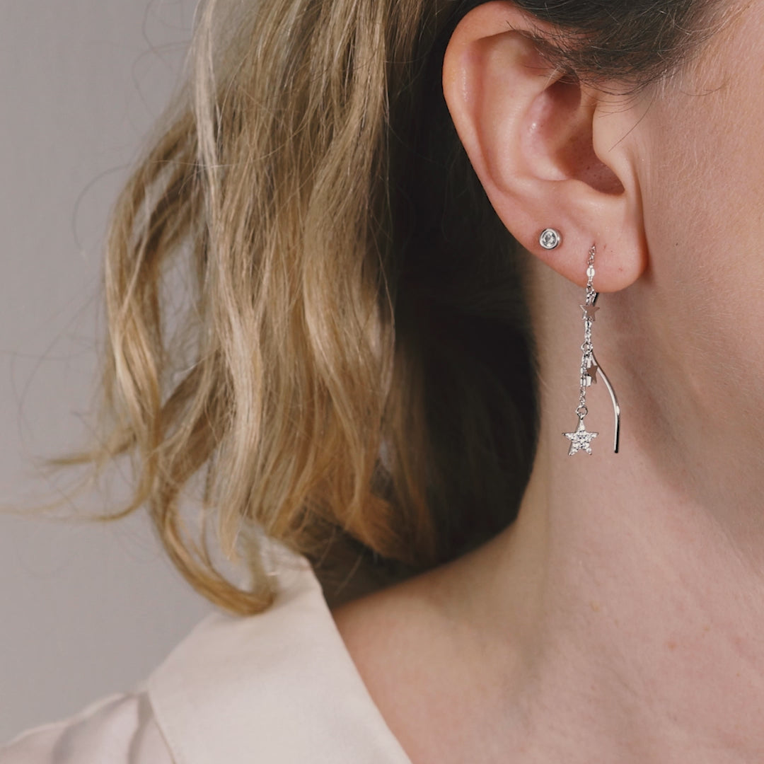 Silver Pavé Triple Star Threader Earrings