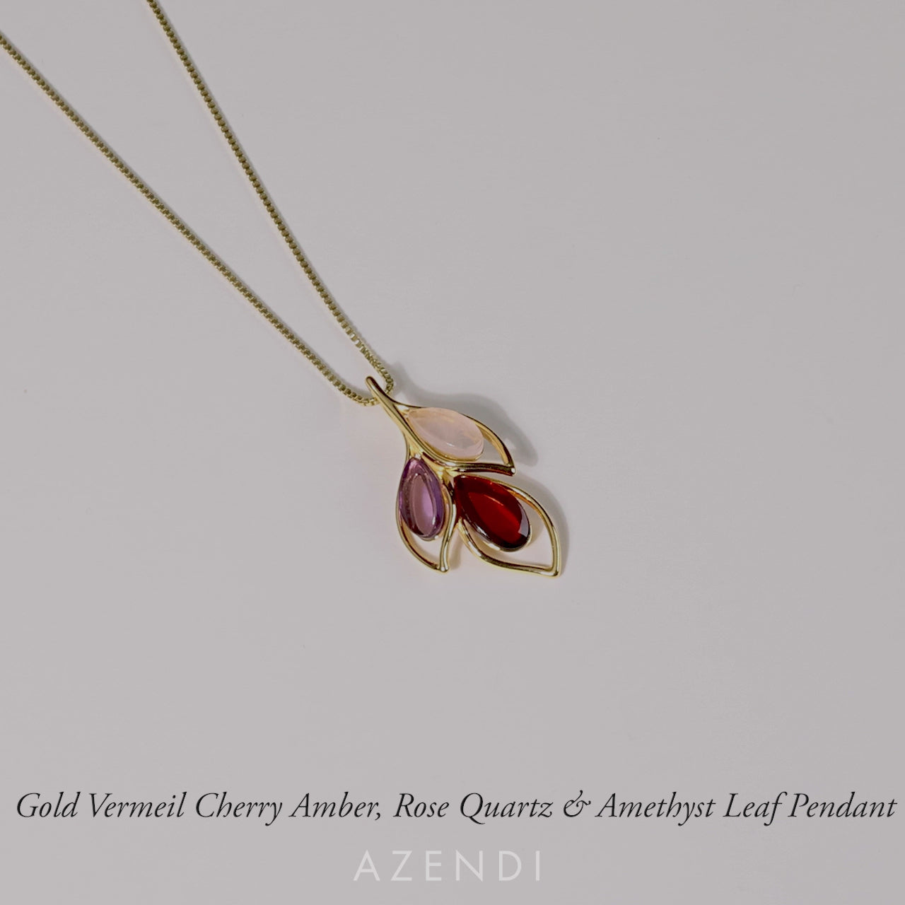 Gold Vermeil Cherry Amber, Rose Quartz & Amethyst Leaf Pendant