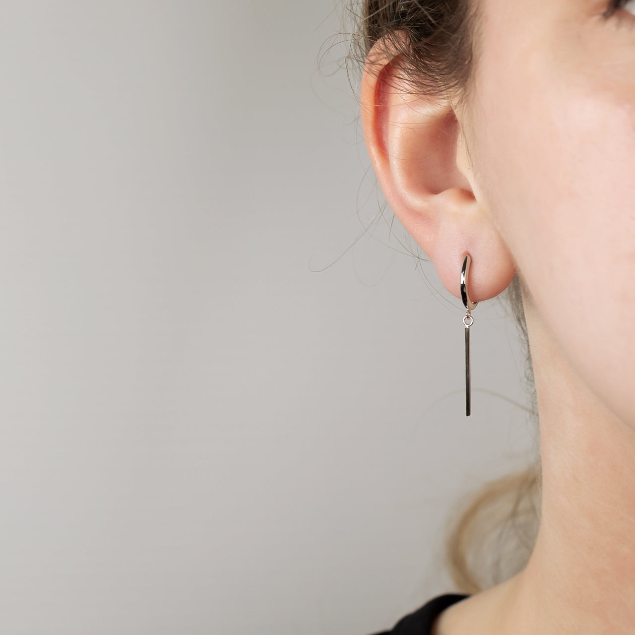 Silver Long Bar Charm Hoop Earrings